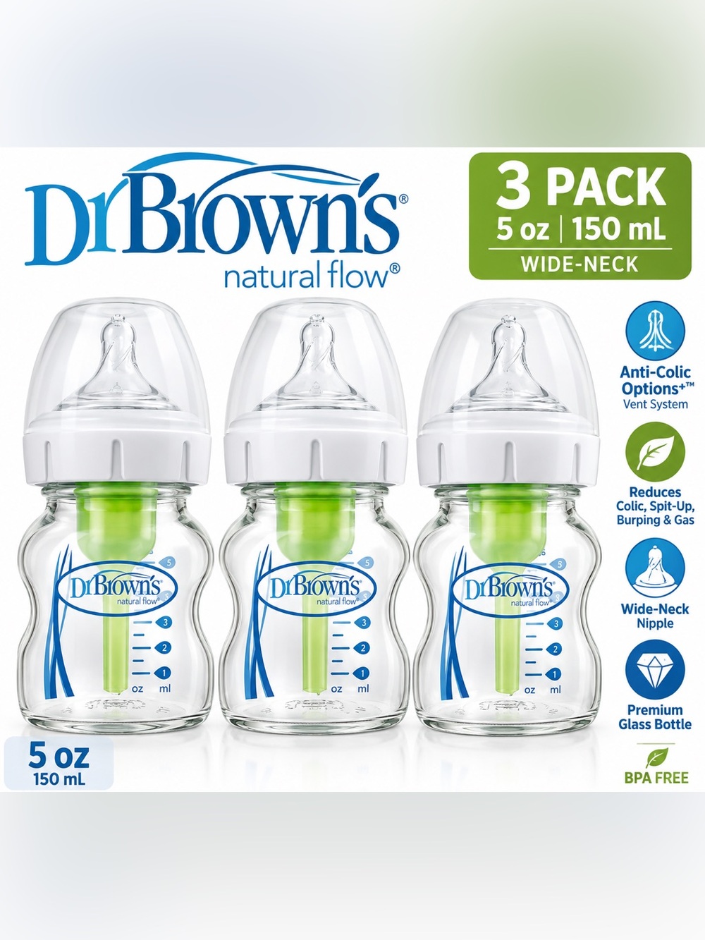 Dr. Brown’s Natural Flow 5 oz Glass Baby Bottles Anti-Colic 3 Pack New Open Box